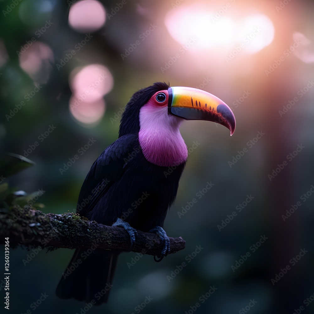 Naklejka premium Pink-throated Toucan perched on branch, sunset rainforest