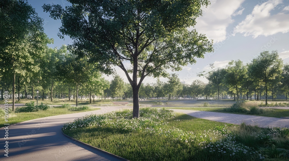 A strong tree growing in the center of a peaceful park, offering an open and spacious area around it for creative designs. A strong tree growing in the center of a peaceful park, offering an open and spacious area around it for creative designs.