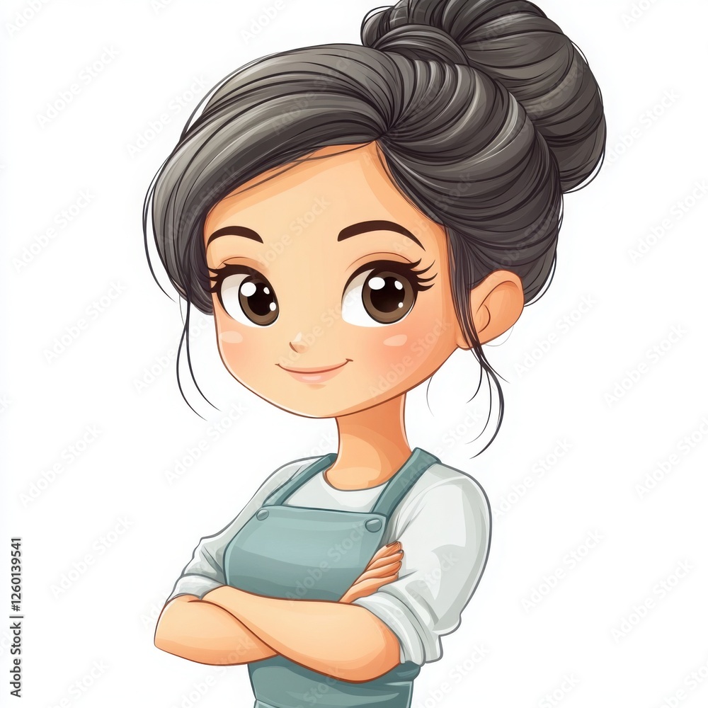 A cheerful young woman with a bun hairstyle, exuding confidence and charm, perfect for lifestyle or business themes.