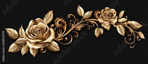 Fototapeta Naklejka Na Ścianę i Meble -  Golden floral decoration featuring intricate gold roses and leaves on a black background with elegant swirls and flourishes for stylish embellishments