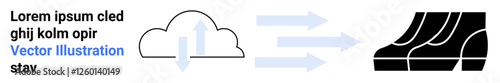 Cloud with upward and downward arrows, three arrows pointing to server racks. Themes Ideal for data storage, cloud computing, information transfer, technology, innovation, communication, flat landing
