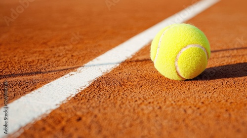 Tennis ball on clay court, sunny day, game in progress