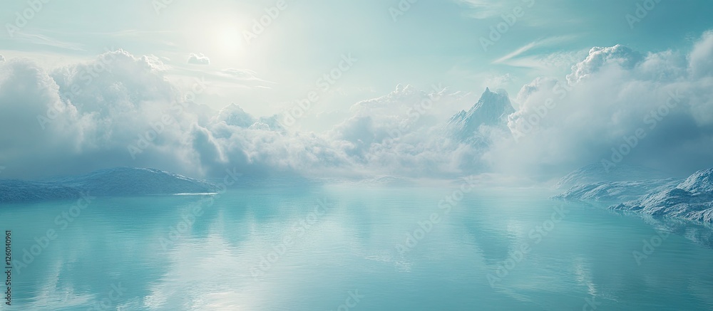 Serene turquoise lake reflects soft clouds against a backdrop of gentle mountains under a bright sky highlighting natural beauty and tranquility.