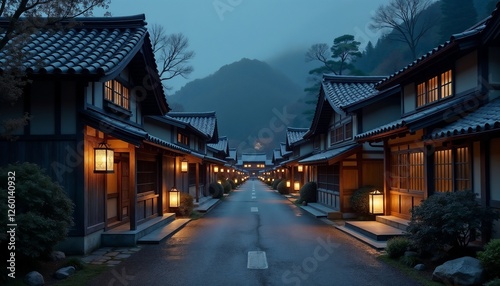 Ancient Japanese village night scene with soft glowing lanterns illuminating traditional wooden houses
