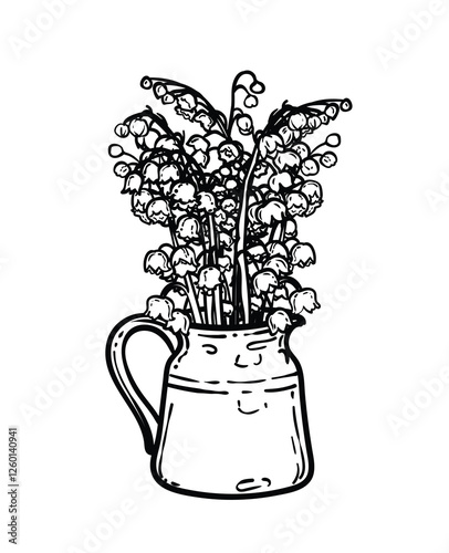 Hand drawn lily of the valley bouquet in a vase. Black line art of beautiful winter flowers isolated on a white background. Illustration for online and print projects.