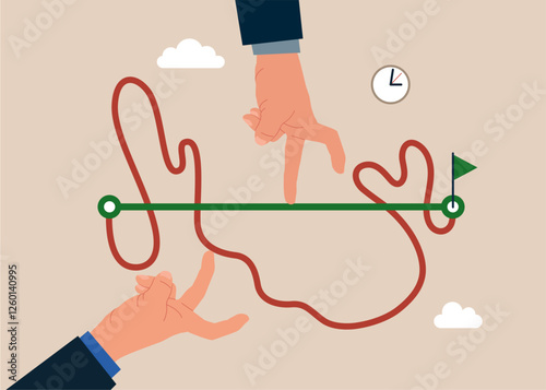 Manager competing with smart businessman running on straight easy way and other on hard messy path.Easy or shortcut way to win business success or hard path and obstacle. Flat vector illustration