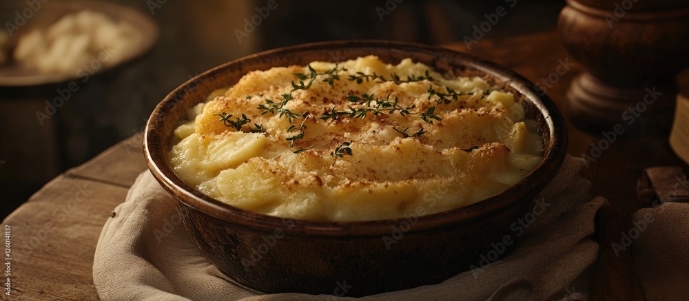 Creamy scalloped potato casserole served in a rustic brown dish atop a white cloth on a wooden table with golden crispy topping and herbs Creamy scalloped potato casserole served in a rustic brown dish atop a white cloth on a wooden table with golden crispy topping and herbs