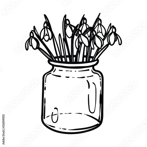 Hand drawn snowdrops bouquet in a jar like vase. Black line art of beautiful winter flowers isolated on a white background. Illustration for online and print projects.