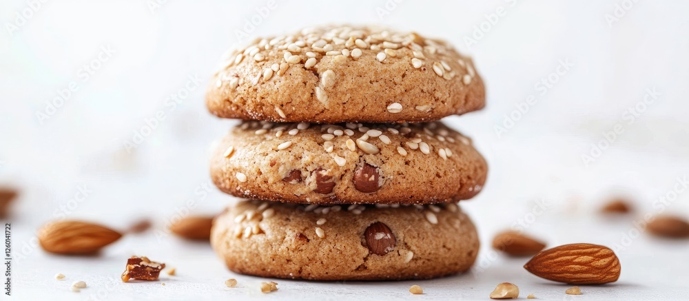 Nutty oatmeal cookies stacked on white surface with scattered almonds in the background, featuring golden brown hues and a textured appearance. Nutty oatmeal cookies stacked on white surface with scattered almonds in the background, featuring golden brown hues and a textured appearance.