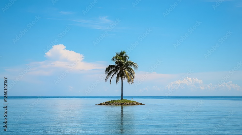 A tiny, uninhabited island with a single palm tree standing in the middle of the ocean.