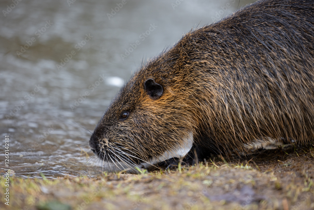 A nutria or coypu (Myocastor coypus) walks along the bank of a pond A nutria or coypu (Myocastor coypus) walks along the bank of a pond