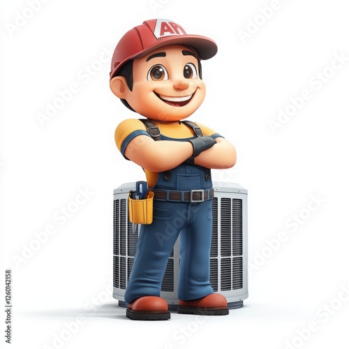 A cheerful cartoon technician stands confidently by an air conditioning unit, showcasing expertise in HVAC repair and maintenance.