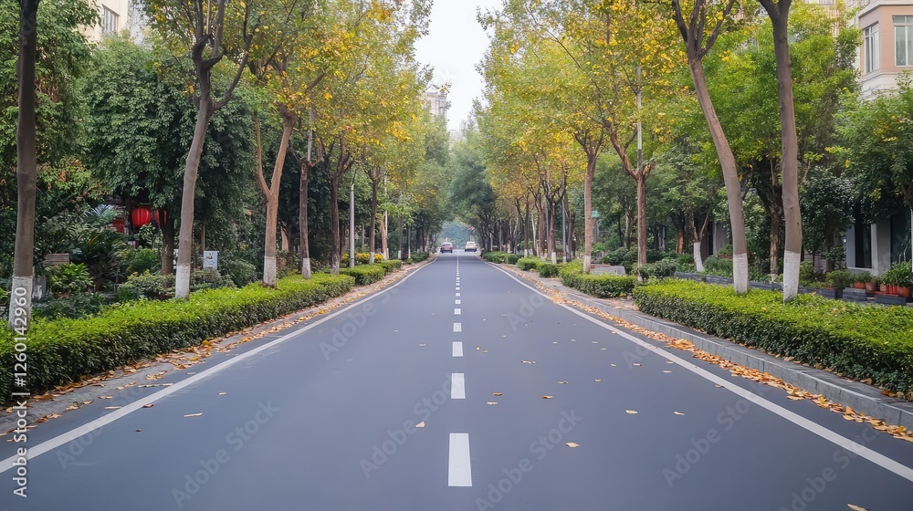 A tree-lined suburban street with a smooth asphalt road stretching under golden autumn leaves. A tree-lined suburban street with a smooth asphalt road stretching under golden autumn leaves.