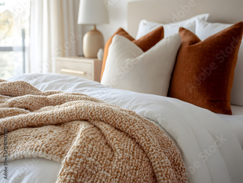 Luxury Hotel Bedroom with a Beautifully Arranged Bed, Plush Throw Blanket, and Ambient Lighting for a Relaxing Stay photo