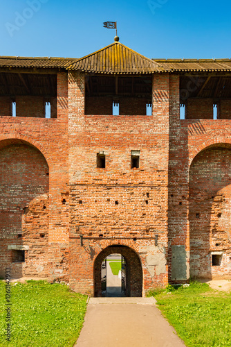 Kolomna Kremlin's impressive brick walls and tower. A historic landmark, showcasing Russian architecture and heritag. Kolomna, Russia - 15 June, 2024 photo