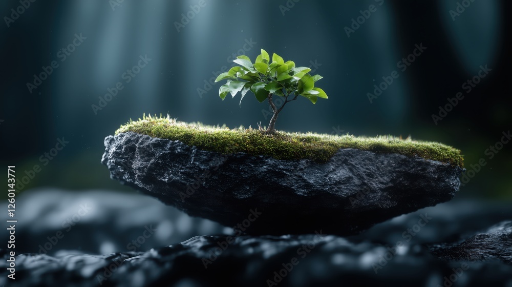 Fototapeta premium Small tree grows on a floating rock surrounded by a mystical forest