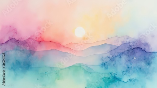 A serene watercolor landscape featuring gentle mountains and a soft sunset, blending pastel colors for a calming effect