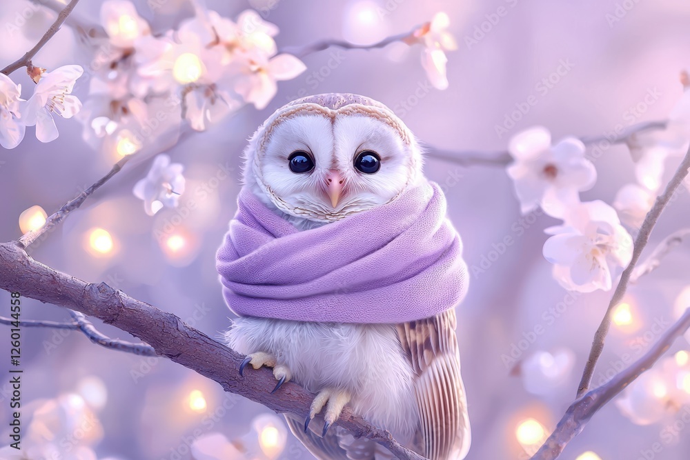 Obraz premium Charming owl wrapped in purple scarf flowering branch wildlife photography serene environment close-up perspective cute concept