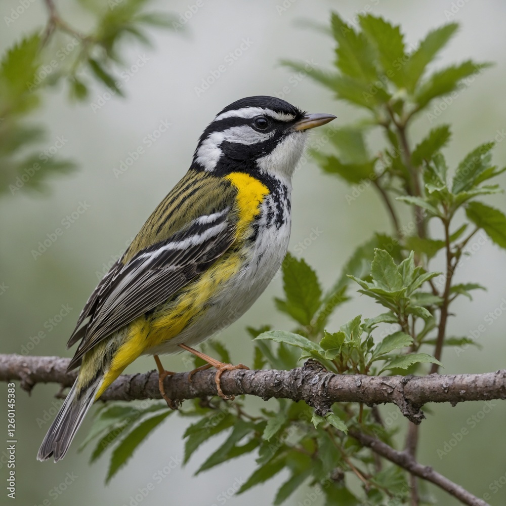 Naklejka premium A black-capped warbler in a resting position, pure white background.