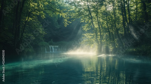 Sunbeams illuminate tranquil forest waterfall, mist rising over calm water. Ideal for nature, travel, serenity