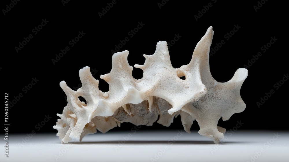 Intricate bone structure on white surface, dark background; science, anatomy, education Intricate bone structure on white surface, dark background; science, anatomy, education