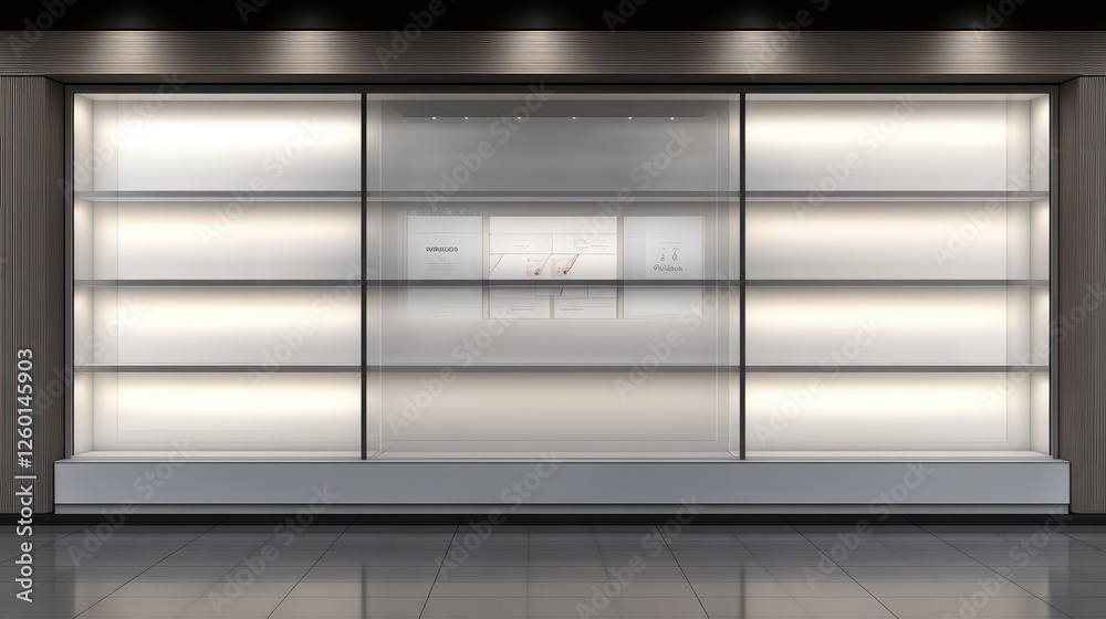 Obraz premium A well-lit modern display shelf with white walls and open space for showcasing products or graphics.