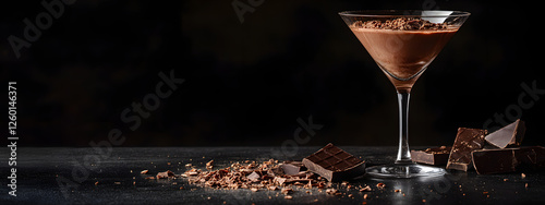 Chocolate martini with chocolate shavings, with pieces of dark and milk chocolate on the table

