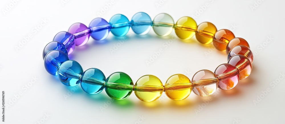 Colorful glass beads bracelet arranged in rainbow gradient, showing vibrant blue, green, yellow, and orange hues against a white background. Colorful glass beads bracelet arranged in rainbow gradient, showing vibrant blue, green, yellow, and orange hues against a white background.