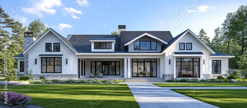 Modern farmhouse exterior featuring a spacious front porch, large windows, white siding, stylish gables, and manicured green lawn under a bright blue sky.