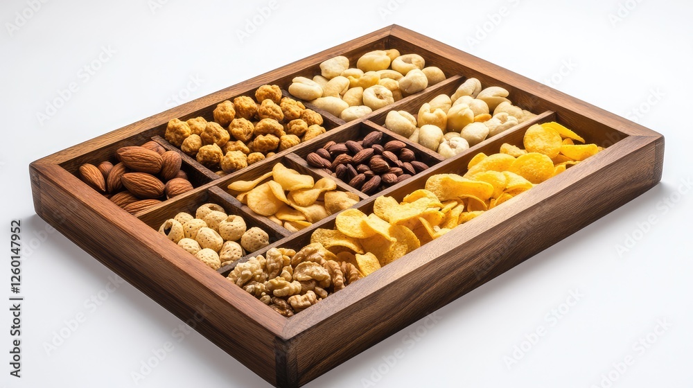 A wooden tray filled with chips and nuts on a white background, leaving plenty of copy space for design. Simple and modern. A wooden tray filled with chips and nuts on a white background, leaving plenty of copy space for design. Simple and modern.