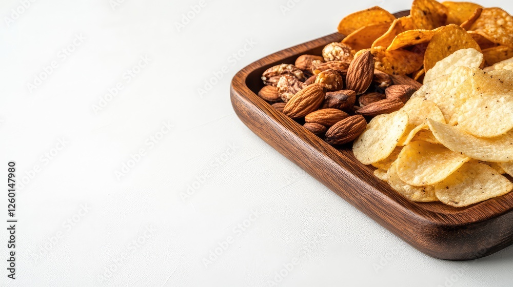 A wooden tray filled with chips and nuts on a white background, leaving plenty of copy space for design. Simple and modern. A wooden tray filled with chips and nuts on a white background, leaving plenty of copy space for design. Simple and modern.