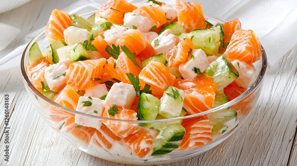 Fresh and Colorful Salmon Salad with Cucumber and Cheese Cubes Fresh and Colorful Salmon Salad with Cucumber and Cheese Cubes