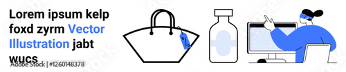 Tote bag with tag, skincare bottle, customer support agent at computer. Ideal for e-commerce, retail, skincare, customer support, online shopping, service industry flat landing page banner