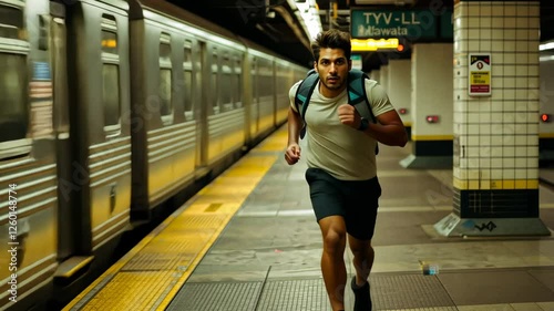 A man dashes through a subway station, the warm glow from the train lights creating dynamic shadows on the platform as he races to catch a departing train.