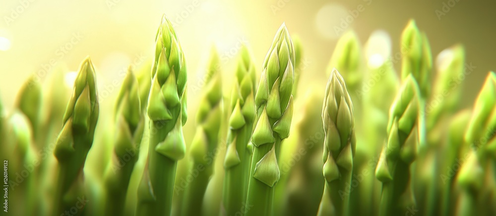 Fresh green asparagus spears arranged in a close-up view set against a warm golden light background creating a vibrant natural scene Fresh green asparagus spears arranged in a close-up view set against a warm golden light background creating a vibrant natural scene