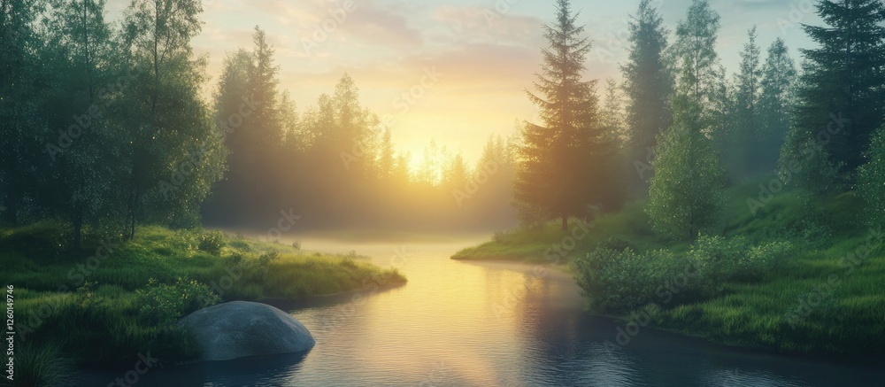 Fototapeta premium Tranquil highway winding through a misty forest at dawn with soft yellow and orange sunlight illuminating lush green trees and a serene river.
