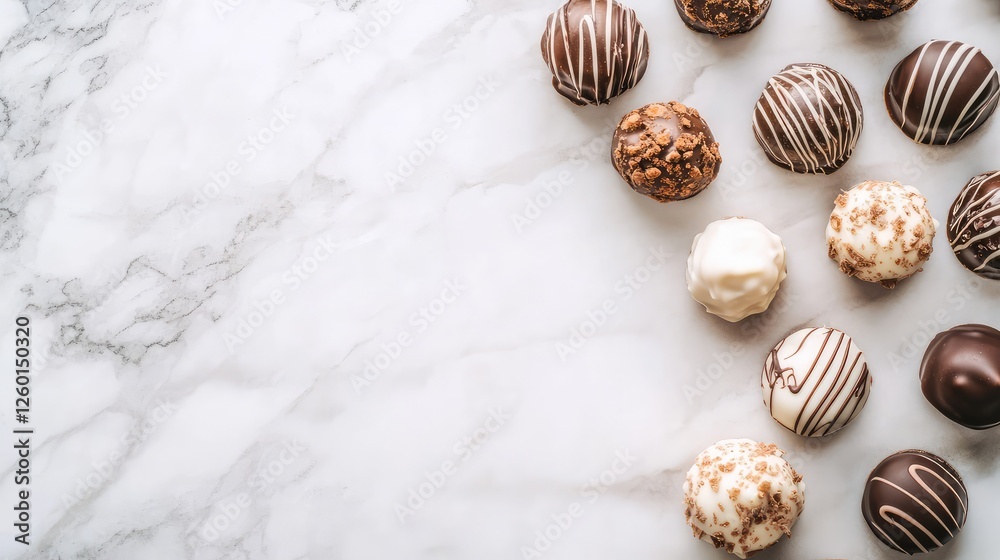 Obraz premium Elegant flat lay of assorted chocolate truffles on a marble surface, with space for branding.
