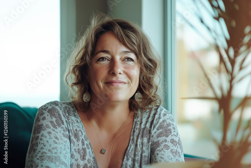 A woman of about 40 years old, a bit curvy, smiling, sitting on the sofa at home