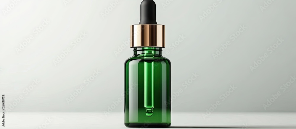 Obraz premium Green glass dropper bottle with a gold lid displaying a serum on a light grey background ideal for skincare and essential oils applications.