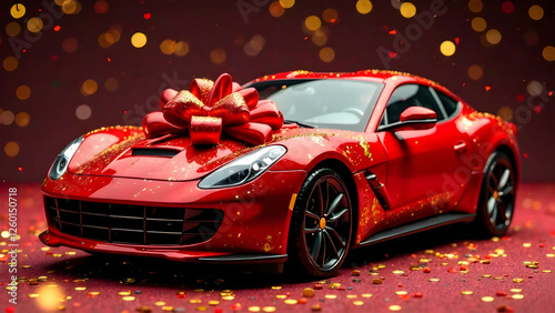 Red car with a red gift bow on top on a red background. High quality photo