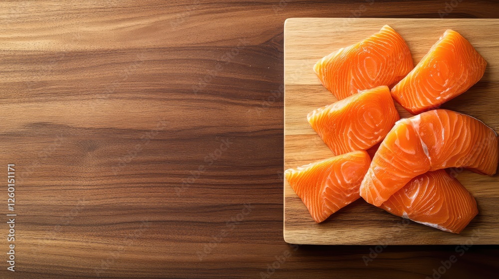 Fresh fish slices on a wooden cutting board with ample space for creative branding or content. Fresh fish slices on a wooden cutting board with ample space for creative branding or content.