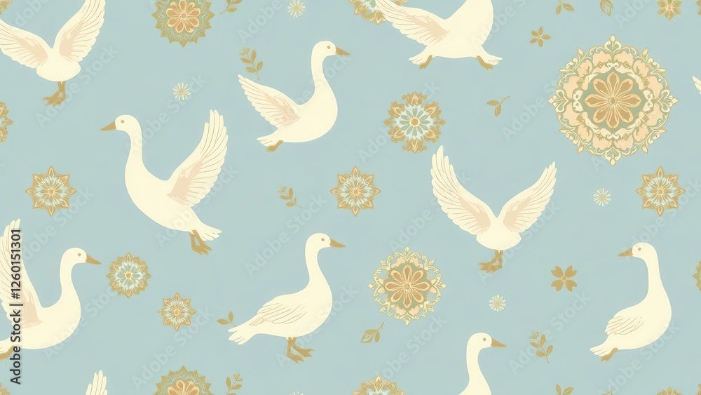 A charming seamless pattern featuring white geese flying against a calming light blue background with intricate golden floral details. This design evokes a sense of tranquility and wonder. A charming seamless pattern featuring white geese flying against a calming light blue background with intricate golden floral details. This design evokes a sense of tranquility and wonder.