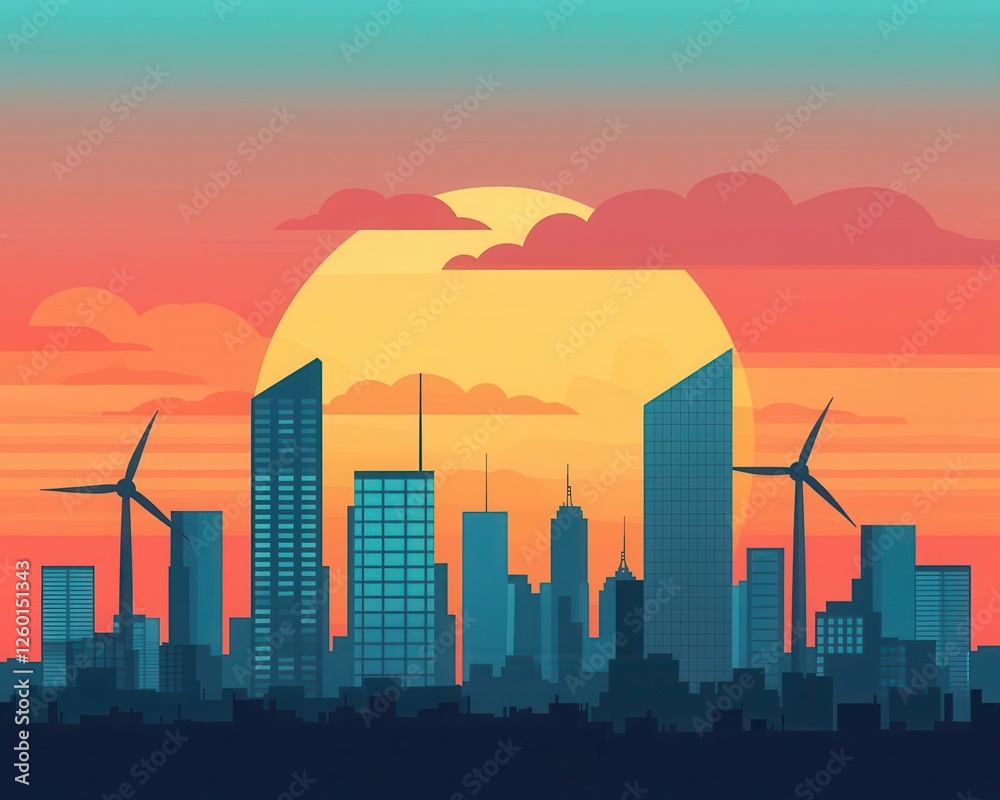Obraz premium Silhouette of a city skyline at sunset with wind turbines and colorful skies.