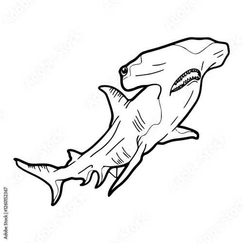 a black and white drawing of a realistic hammerhead shark illustration
