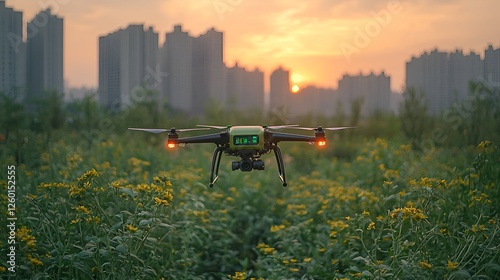 Drone flying over field at sunset near cityscape photo