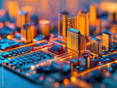 A vibrant, detailed close-up of a circuit board resembling a futuristic cityscape, illuminated with glowing orange and blue lights.
