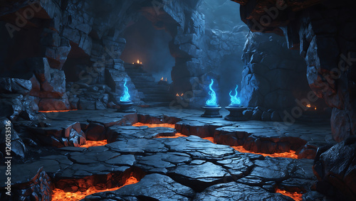 Dangerous Dark Fantasy Dungeon with Fiery Lava Cracks and Sinister Environment