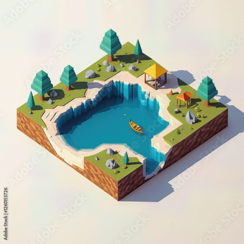 tranquil low poly lake scene with kayak gliding across water and shaded gazebo, evoking sense of peaceful escape