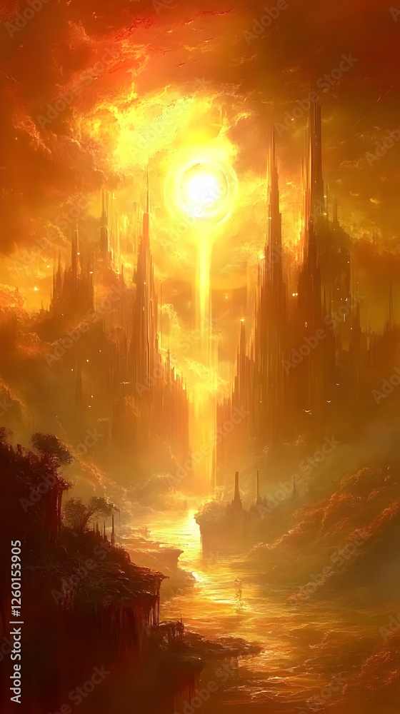 Obraz premium Sunbeam Cityscape Fantasy Art