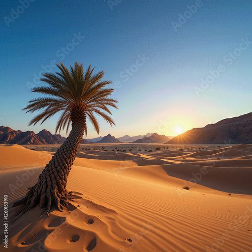 Palm tree graces desert dunes, bathed in warm glow of setting sun, creating sense of peace and solitude, air is dry and fresh photo